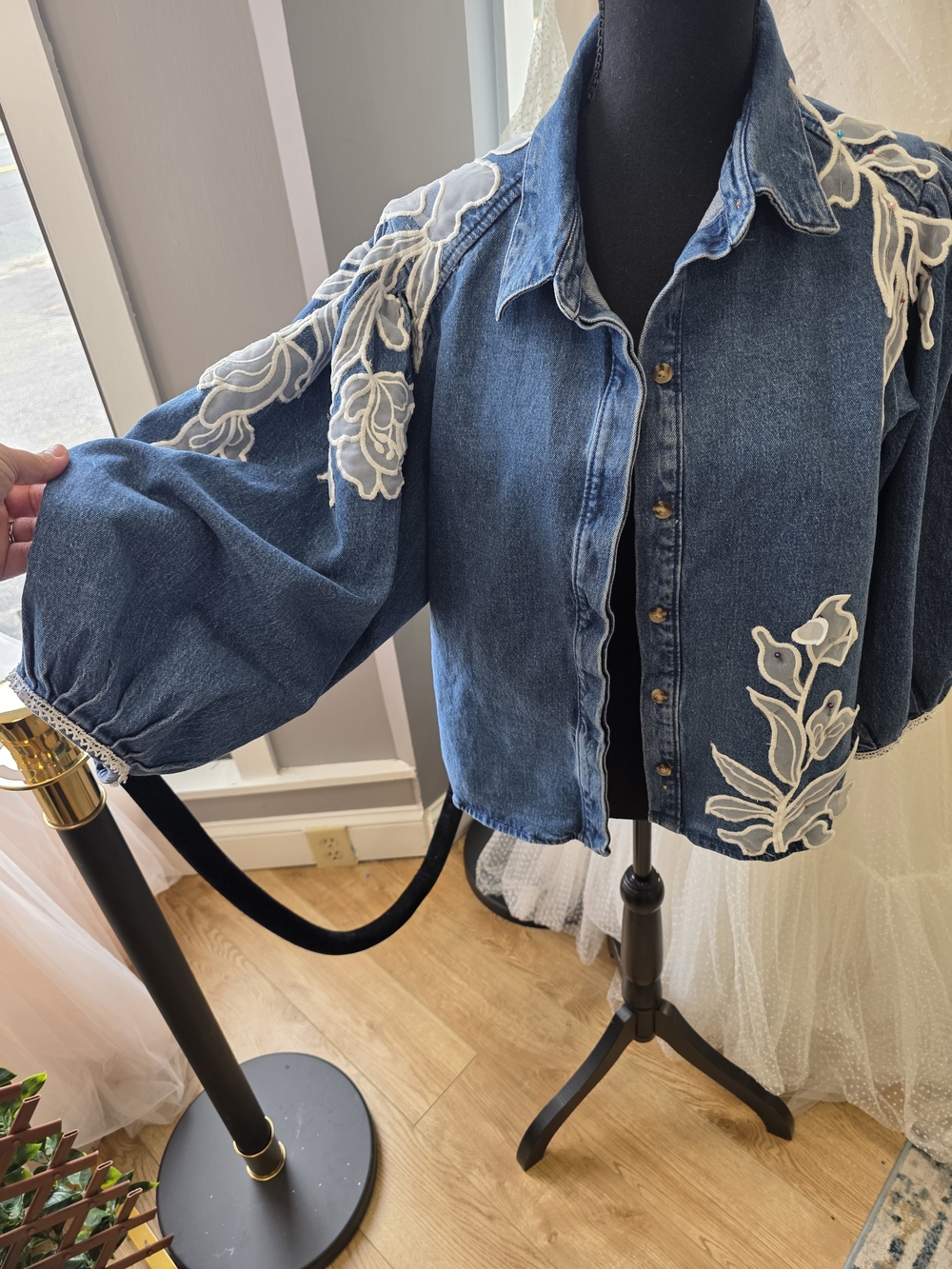 Upcycled Embroidered Denim Button-Up Jacket in Blue with White Floral Appliqué